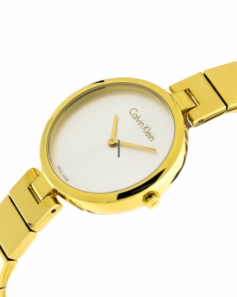 Calvin Klein women's watch angled view highlighting gold-plated case design