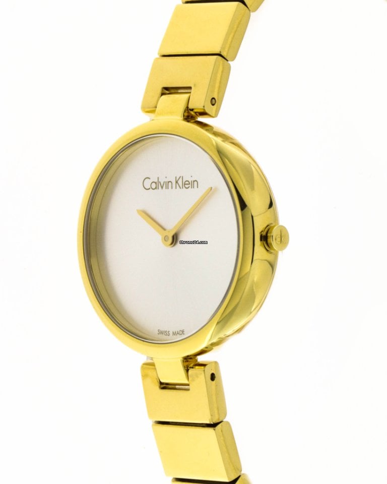 Calvin Klein women's watch side angle showing gold case and bracelet