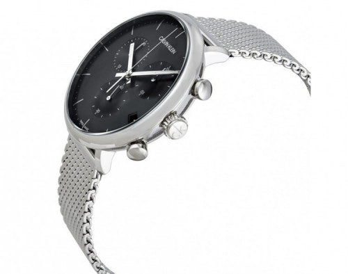 Calvin Klein High Noon chronograph watch on-wrist angle view with stainless steel mesh band