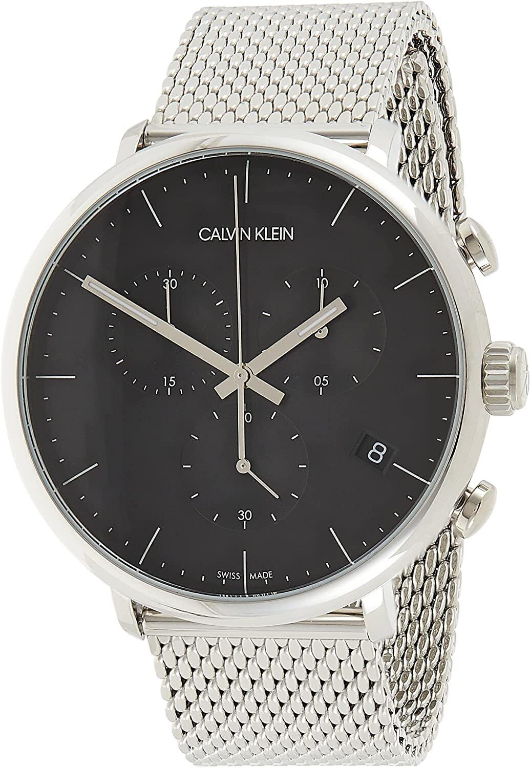 Calvin Klein High Noon chronograph watch front view with black dial and subdials
