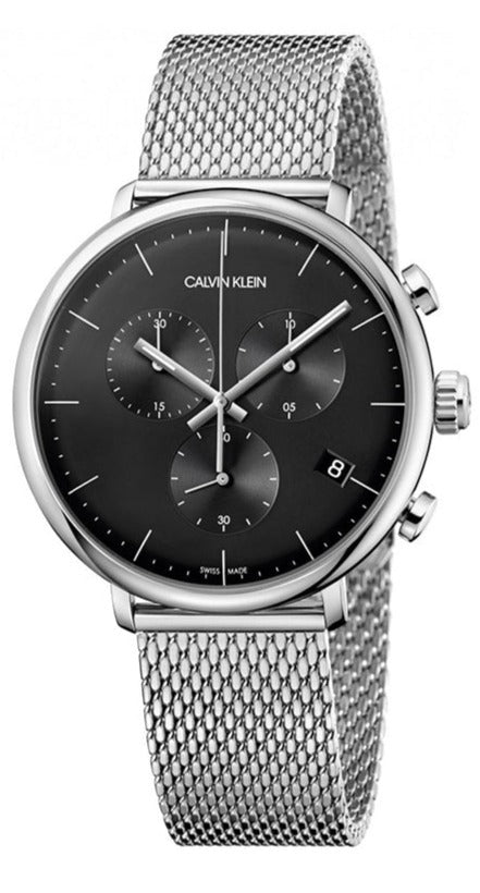 Calvin Klein High Noon chronograph watch with black dial and stainless steel mesh strap