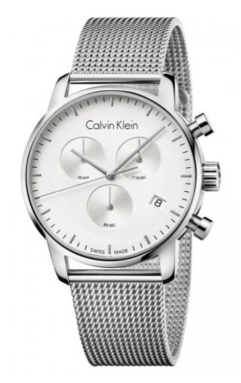 Calvin Klein High Noon chronograph watch with silver dial and mesh bracelet, angled view