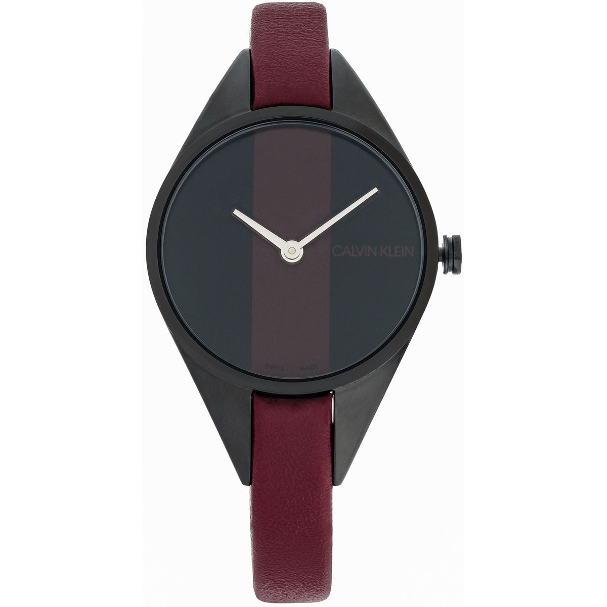 Calvin Klein Rebel ladies watch face with red stripe on black dial