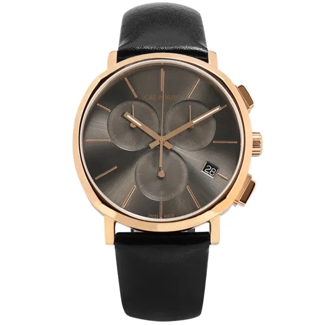 Overhead view of Calvin Klein Posh watch showing grey chronograph dial and date window