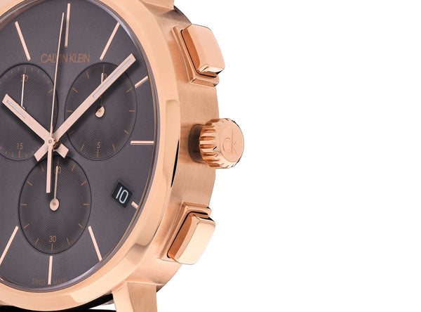 Close-up of Calvin Klein Posh chronograph dial, subdials and rose gold chronograph pushers