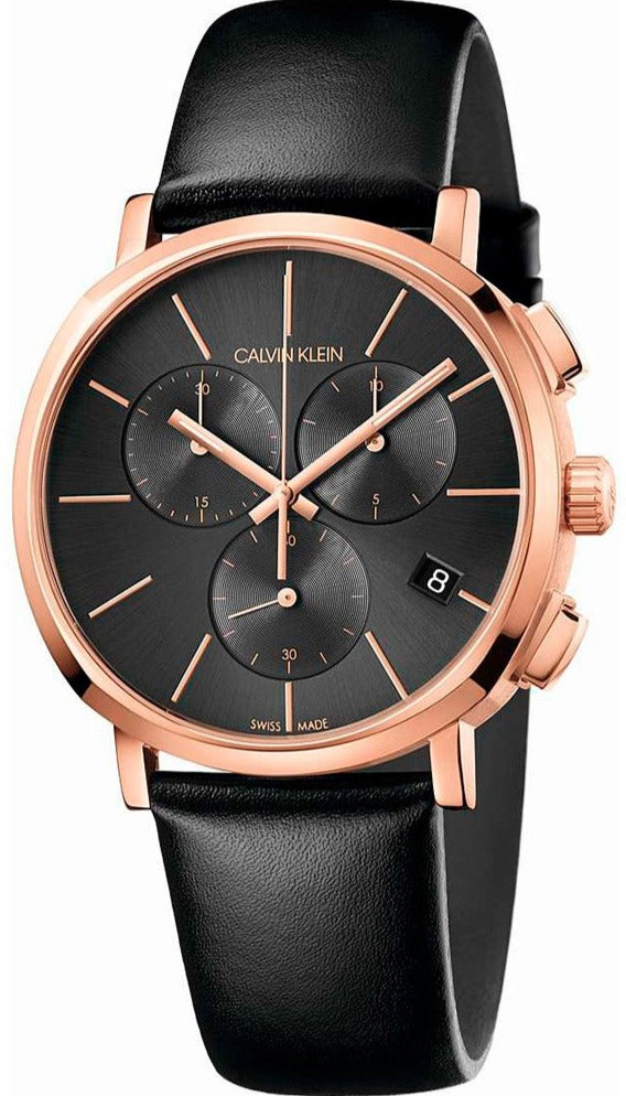 Calvin Klein Posh chronograph watch with grey dial, rose gold case and black leather strap