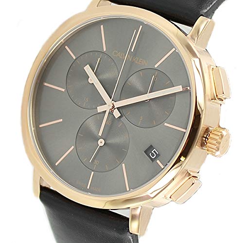 Calvin Klein Posh chronograph watch on wrist with grey dial and black leather strap
