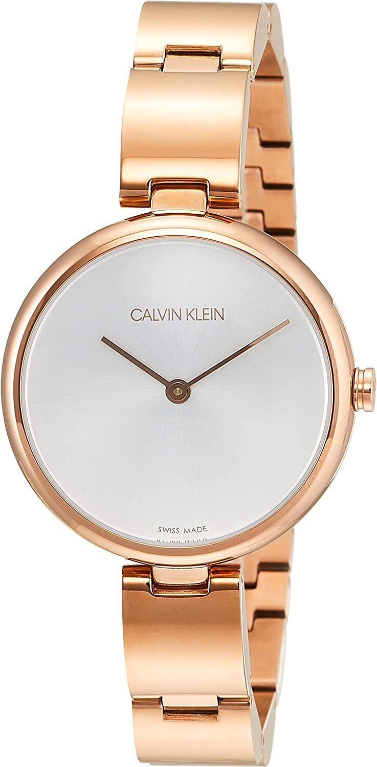 Calvin Klein rose gold women's watch at angle showing case and strap