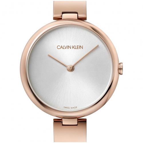 Close-up of Calvin Klein watch dial with rose gold case and hands