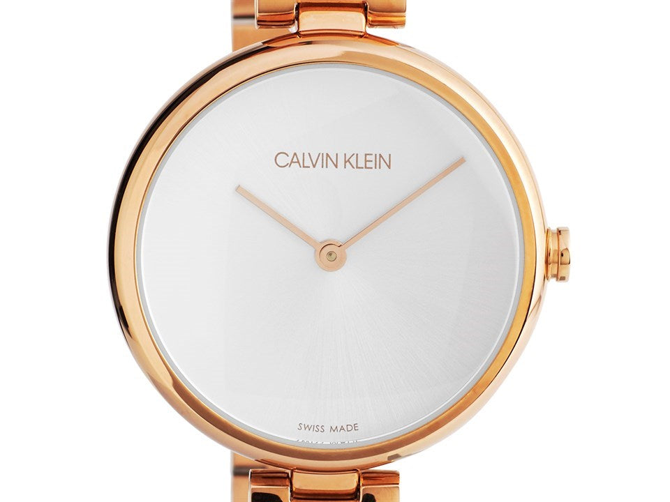 Calvin Klein women's rose gold watch with white dial and minimalist design