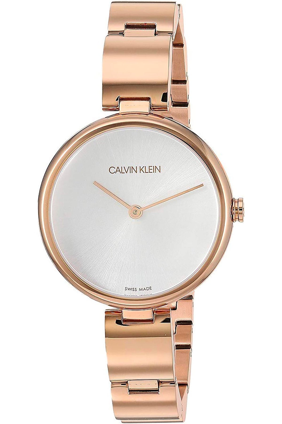 Calvin Klein women's rose gold watch with white dial and rose gold hands