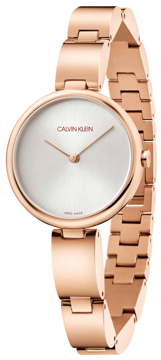 Side view of Calvin Klein rose gold watch with stainless steel bracelet