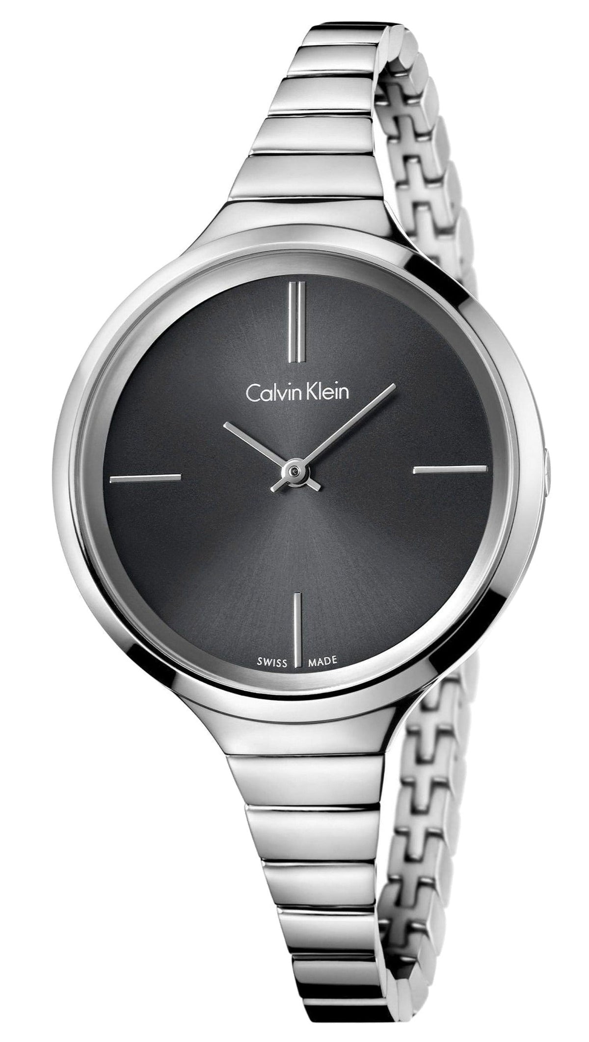 Calvin Klein Lively women's watch with black dial and silver steel bracelet on angle