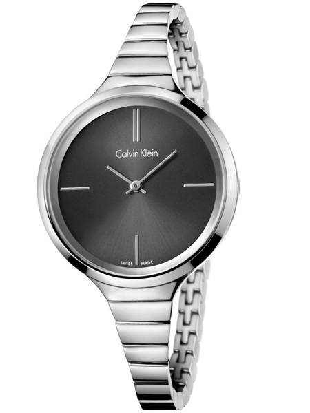Calvin Klein LIVELY watch angled view showing steel bracelet and black dial