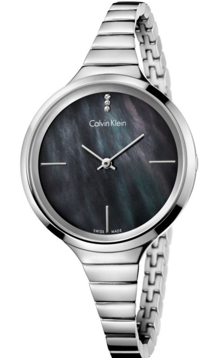 Calvin Klein LIVELY women's watch with black pearl dial and steel bracelet, front view