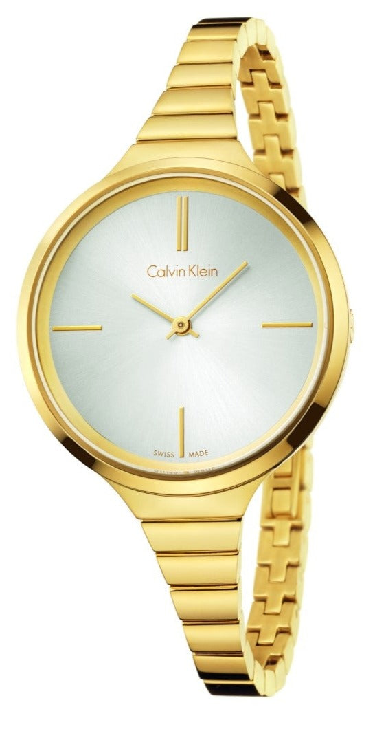 Calvin Klein Lively gold women's watch with silver dial and gold markers, shown at angle