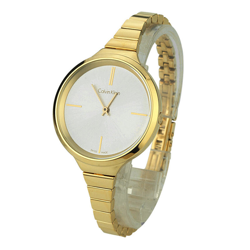 Side view of Calvin Klein Lively K4U23526 gold watch showing case profile and bracelet