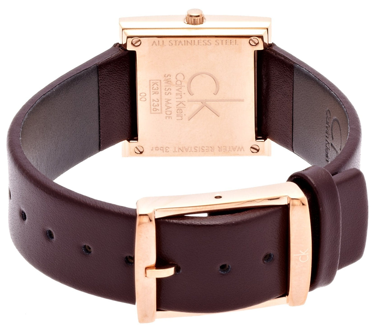Calvin Klein Mark K3R236G6 caseback showing stainless steel all-stainless steel marking