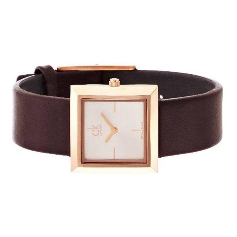 Calvin Klein Mark K3R236G6 square watch worn with brown leather strap detail