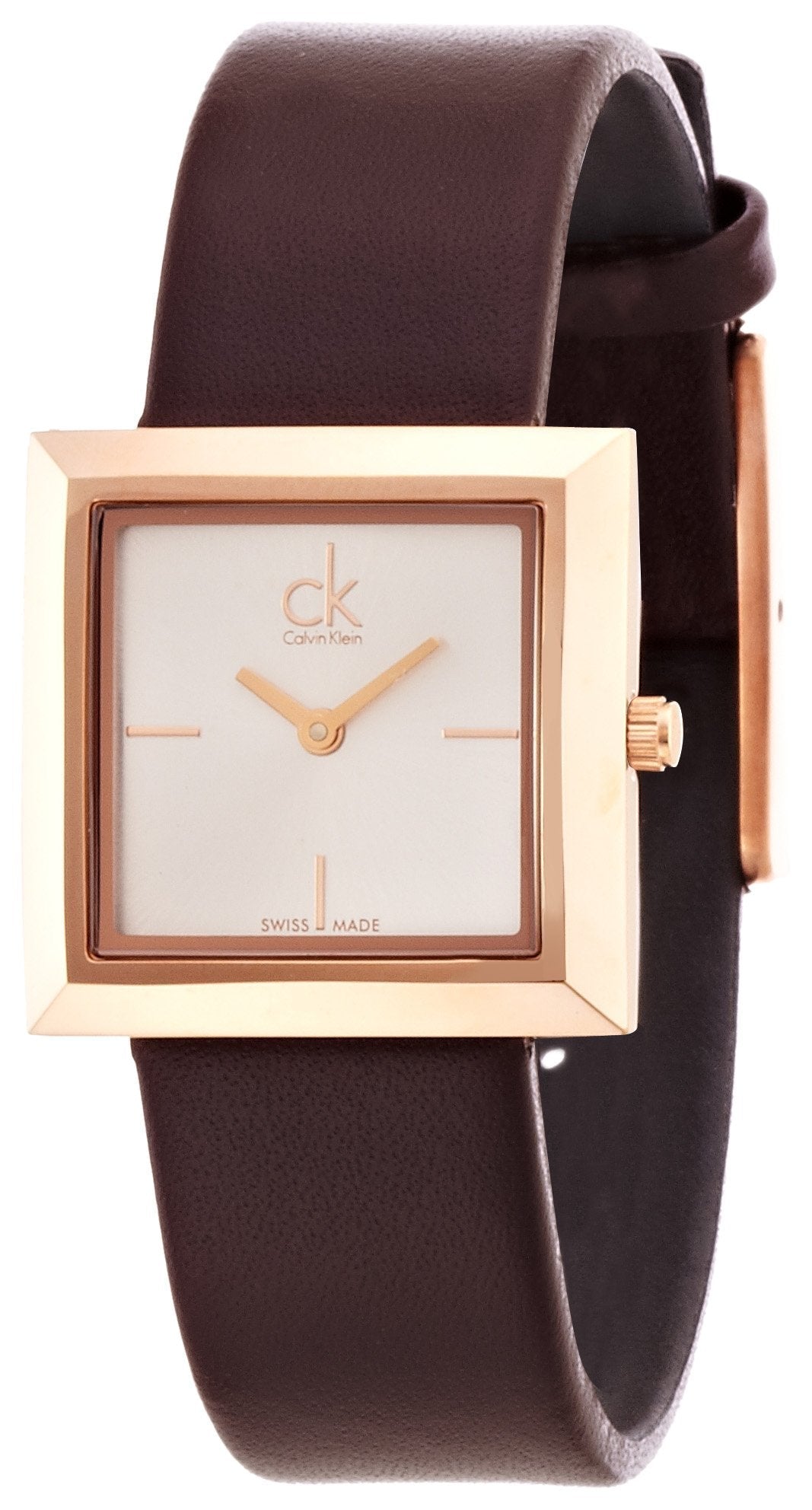 Calvin Klein Mark K3R236G6 watch on wrist showing rose gold square case and brown strap