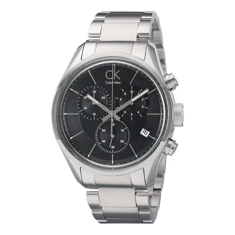 Calvin Klein Masculine chronograph watch with silver steel strap and black dial