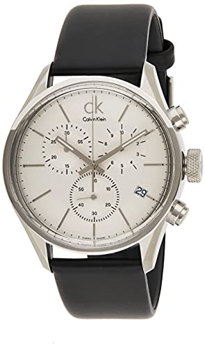 Calvin Klein Masculine chronograph watch with white dial and black leather strap, angle view