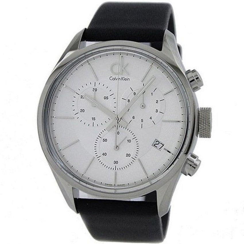 Calvin Klein Masculine chronograph watch white dial with date window and black leather strap