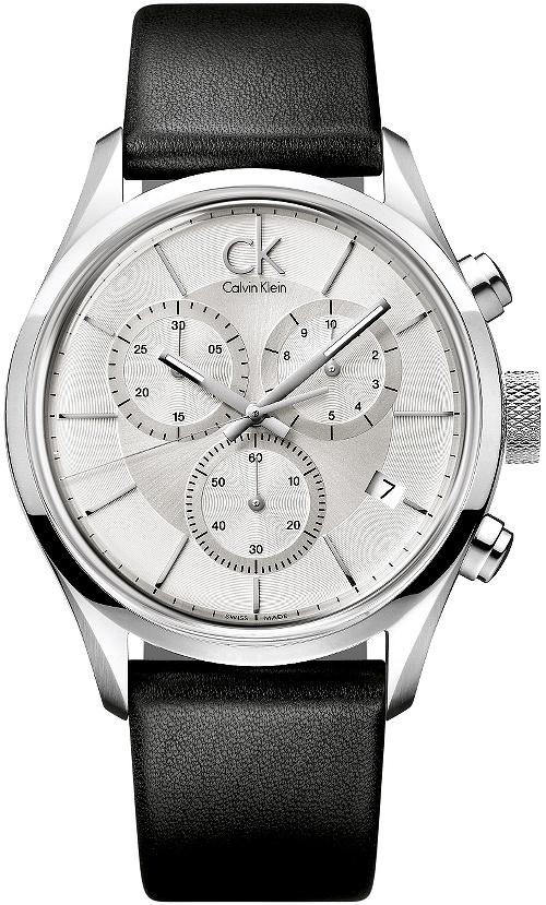 Calvin Klein Masculine chronograph watch with white dial and black leather strap, front view