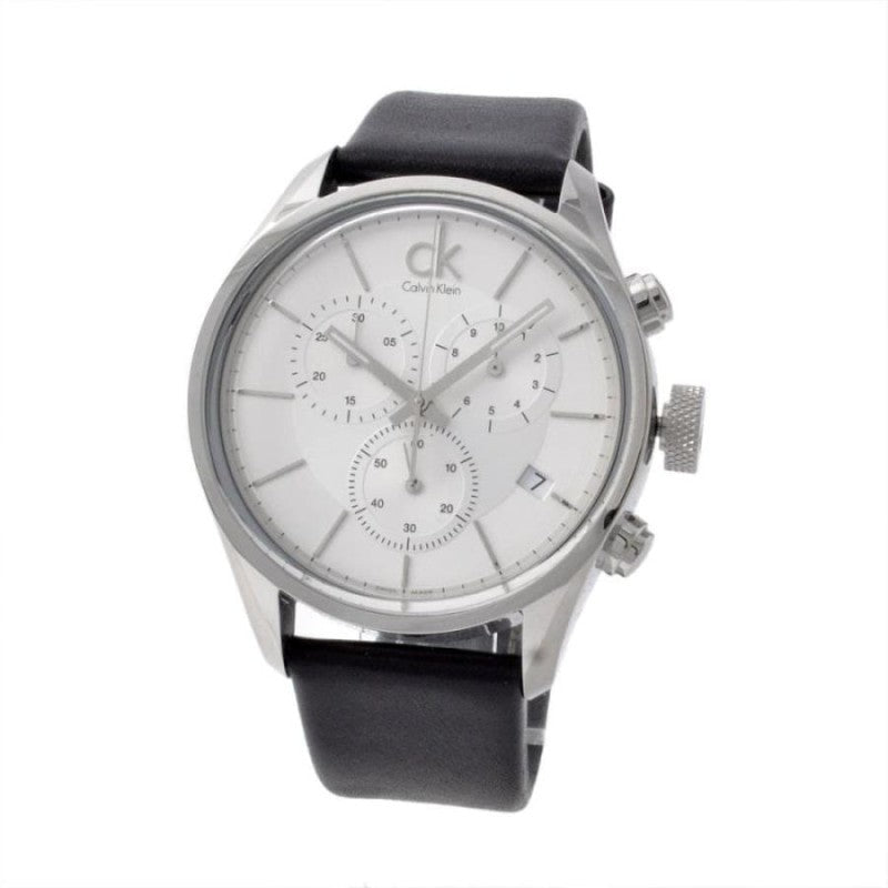 Calvin Klein Masculine chronograph watch with white dial and black leather strap