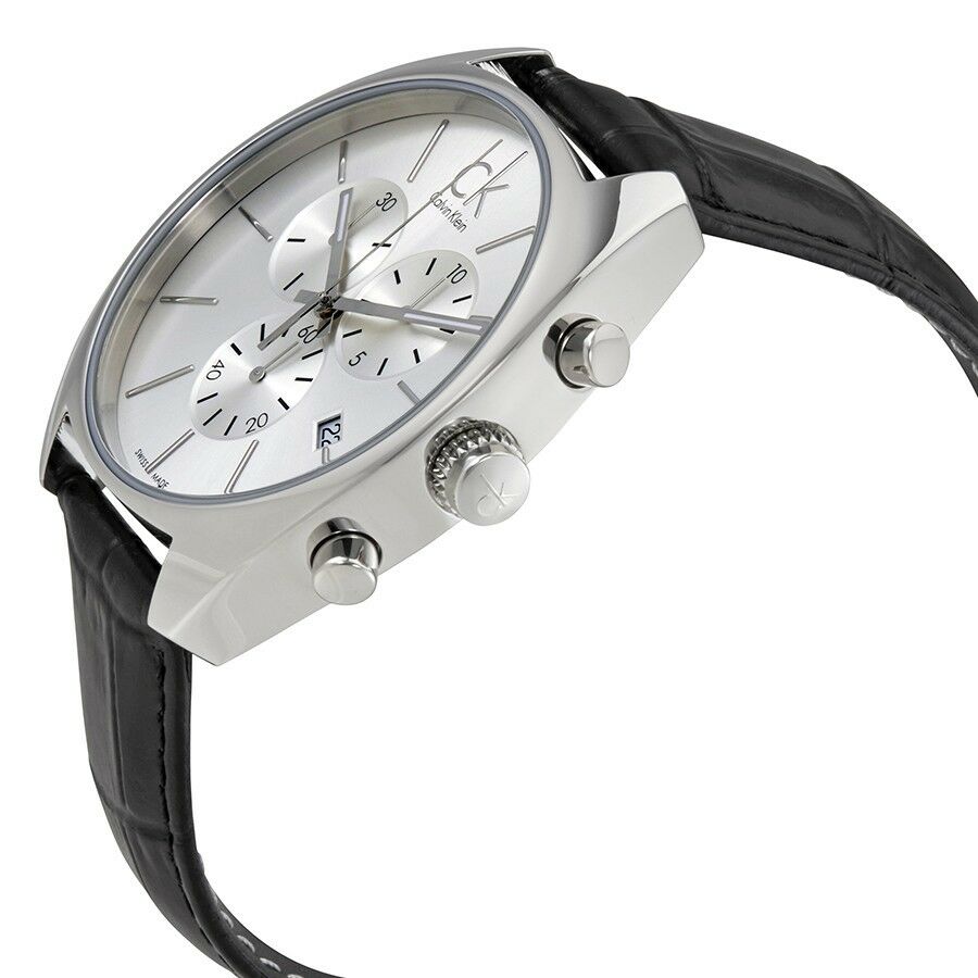 Calvin Klein Masculine chronograph watch side profile showing stainless steel case and black leather strap