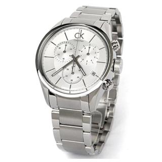 Calvin Klein Masculine K2H27126 men's chronograph watch angled view with silver stainless steel case