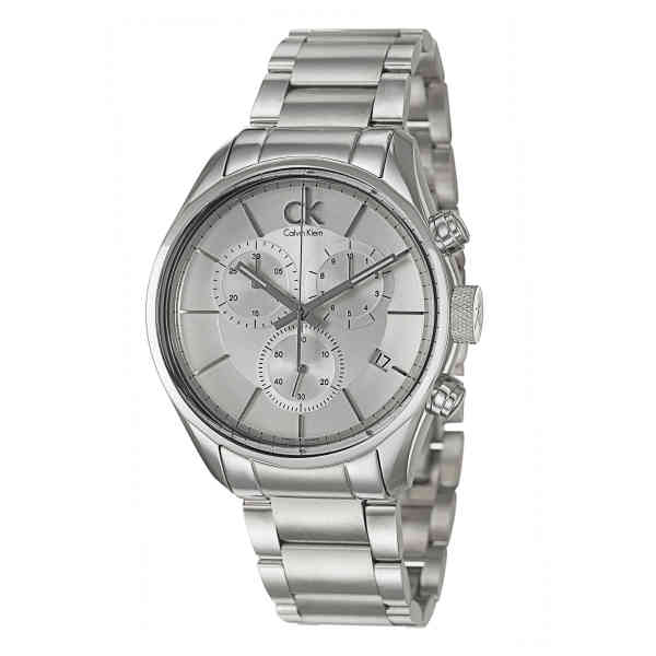 Calvin Klein Masculine K2H27126 chronograph watch angled side view showing dial and bracelet