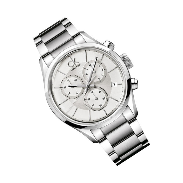 Calvin Klein Masculine K2H27126 chronograph watch with stainless steel bracelet angled product shot