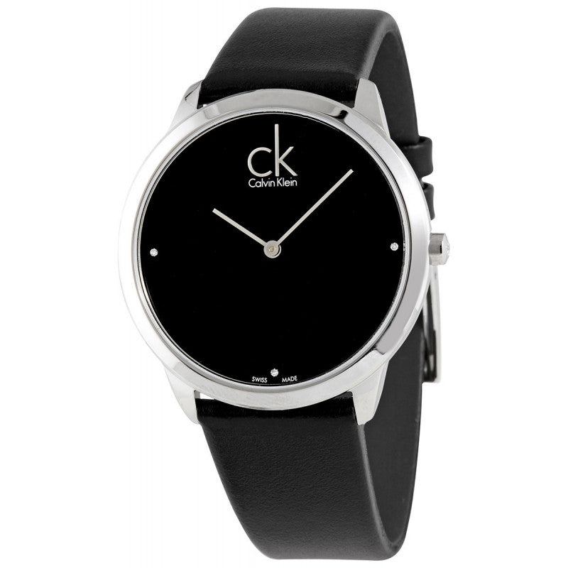 Calvin Klein Minimal Diamonds watch three-quarter view showing case and black leather strap