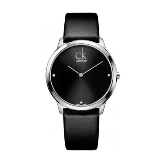 Calvin Klein Minimal Diamonds black dial watch with steel case and leather strap detail