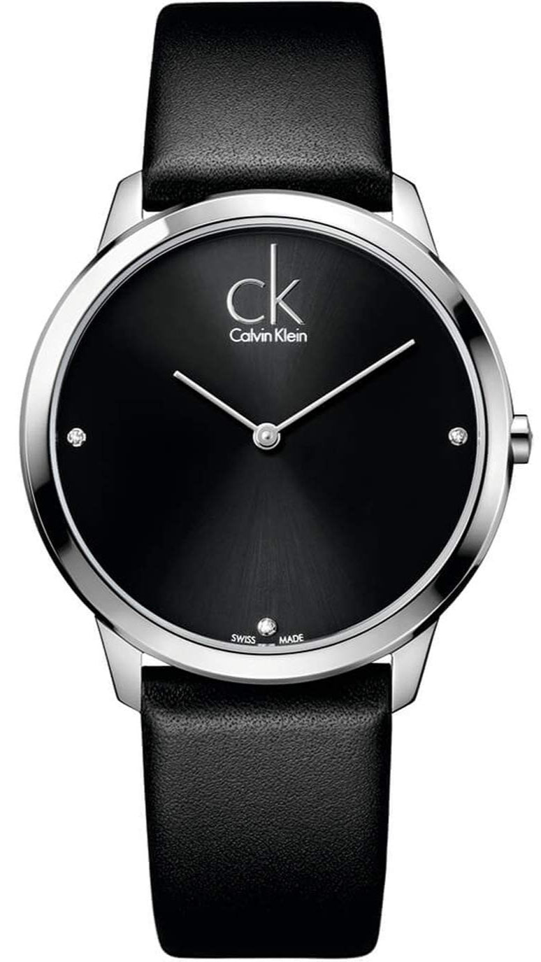 Calvin Klein Minimal Diamonds black dial watch with steel case and black leather strap
