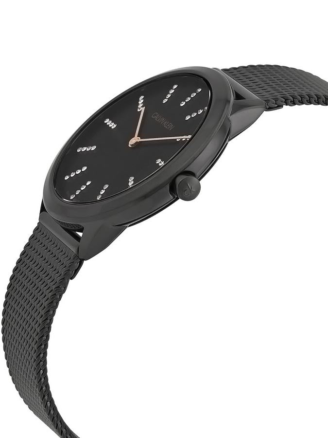 Calvin Klein Minimal Diamonds watch side view showing dial, hands, and mesh bracelet