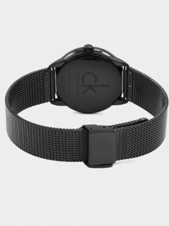 Calvin Klein Minimal Diamonds watch rear case with fold clasp and mesh band
