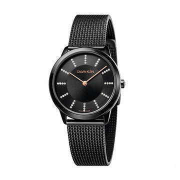 Calvin Klein Minimal Diamonds black dial watch with diamond hour markers and rose gold hands