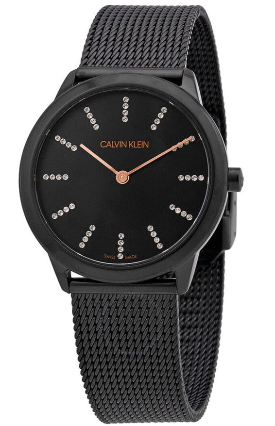 Calvin Klein Minimal Diamonds women's watch with black dial, diamond markers, and black mesh bracelet