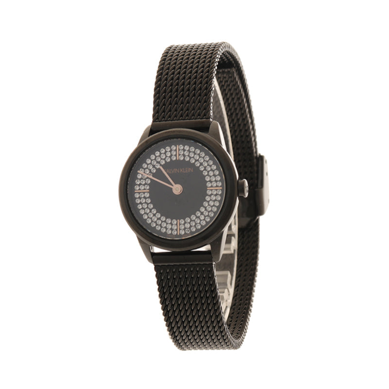 Calvin Klein Minimal Diamonds watch side view showing black mesh bracelet and case