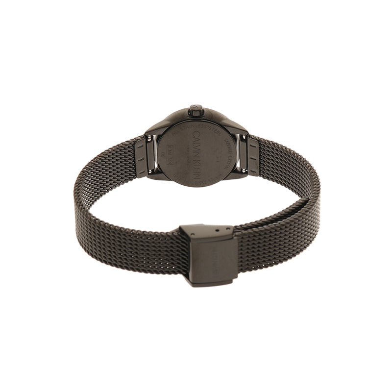 Calvin Klein Minimal Diamonds watch caseback showing mesh bracelet and deployment clasp