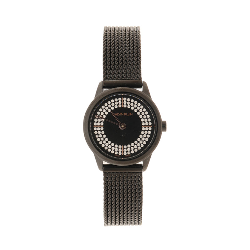 Calvin Klein Minimal Diamonds women's watch with black dial and crystal bezel detail