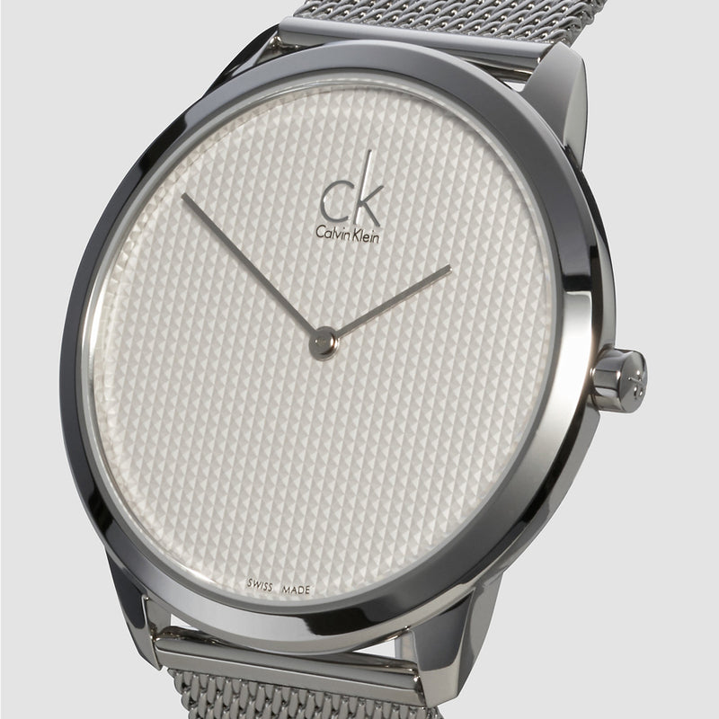 Calvin Klein Minimal men's watch side view showing case profile and mesh band