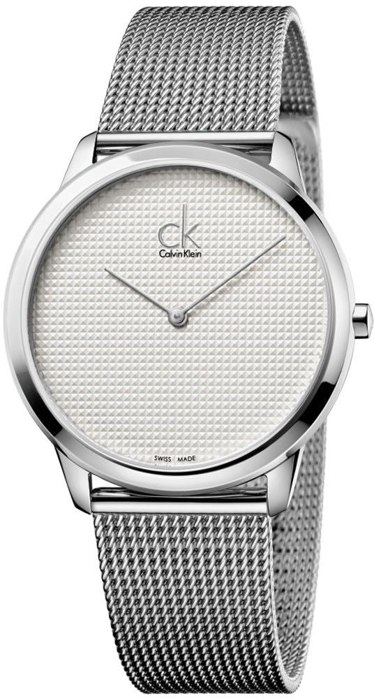 Calvin Klein Minimal men's watch with silver mesh strap and patterned dial
