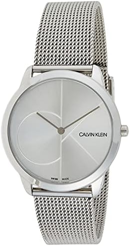 Side angle view of Calvin Klein Minimal watch showing minimalist dial and mesh strap