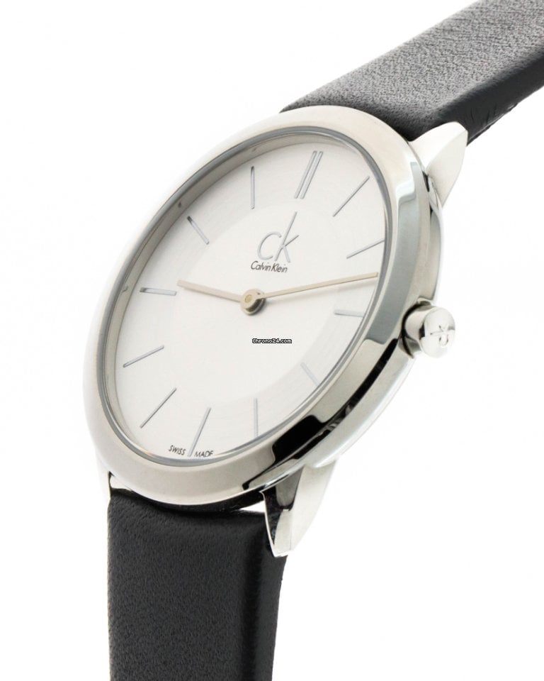 Calvin Klein Minimal K3M211C6 watch angled side view with black leather strap