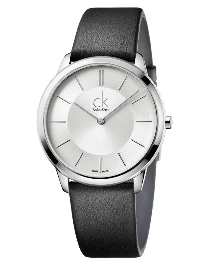 Calvin Klein Minimal K3M211C6 unisex watch with silver dial and black leather strap