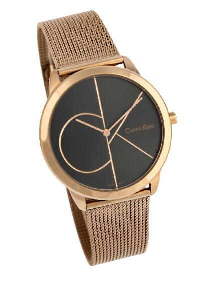 Calvin Klein Minimal K3M21621 rose gold watch with mesh bracelet and black dial, isolated view