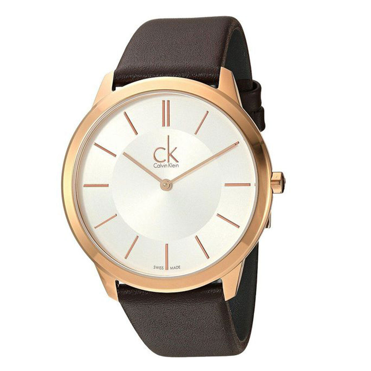 Close-up of Calvin Klein Minimal dial showing rose gold indices and ck logo on silver face
